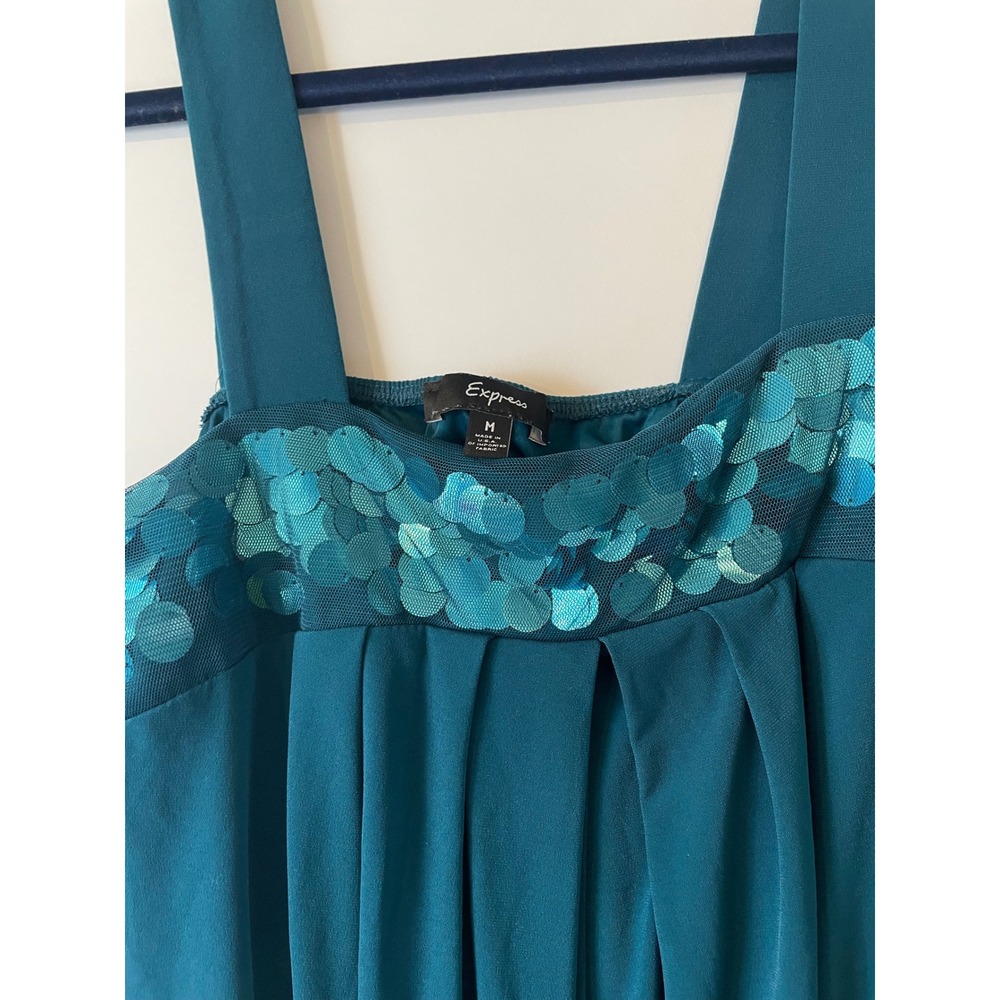 Express Teal Blue Sequin Bubble Hem Sleeveless Top Square Neck Pleated Medium - Picture 2 of 5
